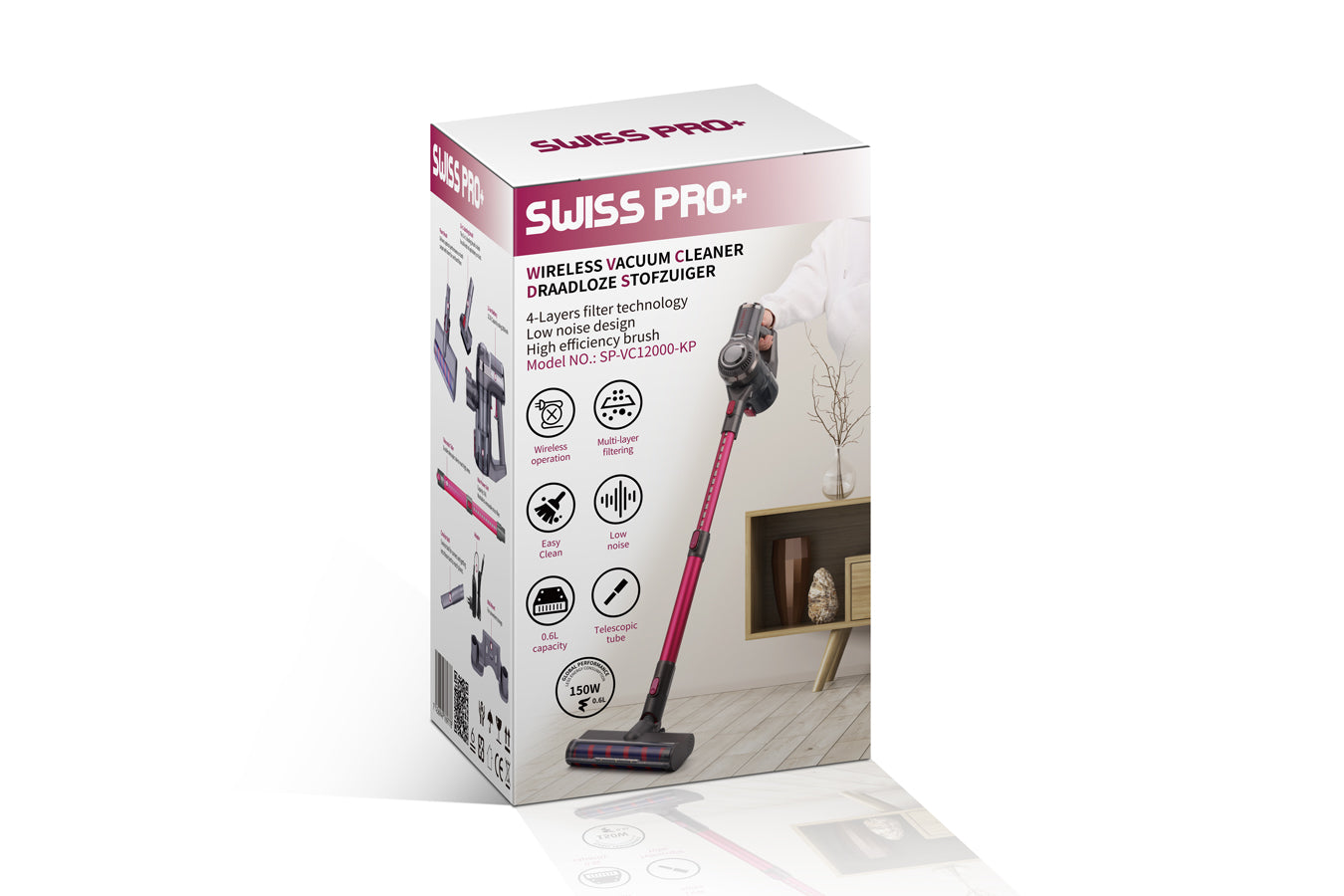 Vacuum Cleaner - Wireless Battery - 4-Layer Filter System - 150 W Cordless - Pink - 0.6 L - SP-VC12000-KP