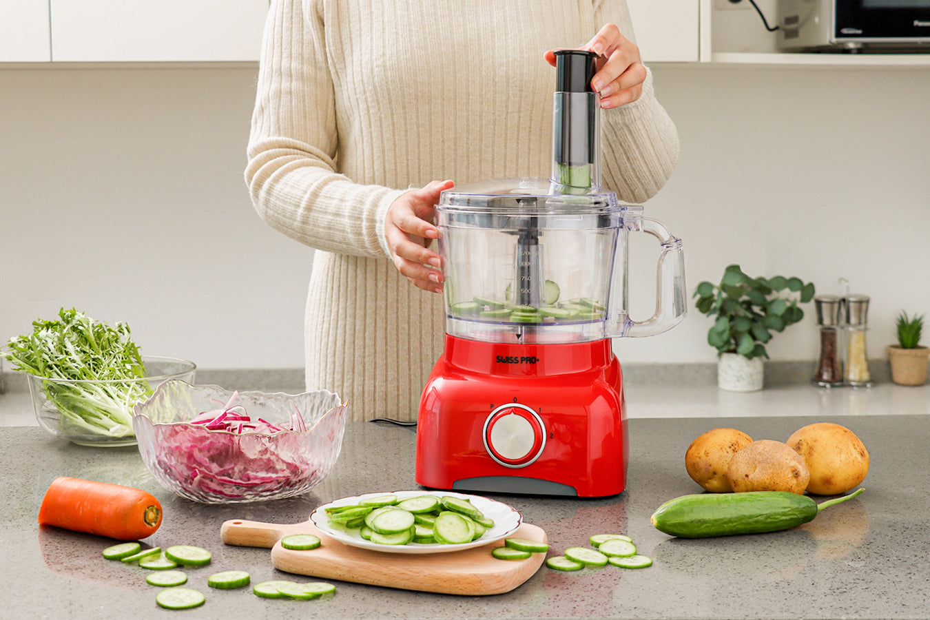 Food Processor 13 Pieces - Kitchen Mixer - Vegetable Cutter Electric  - Food Processor - Plastic - Red - 1.2 L - 800 W - SP-FOOD600.8R