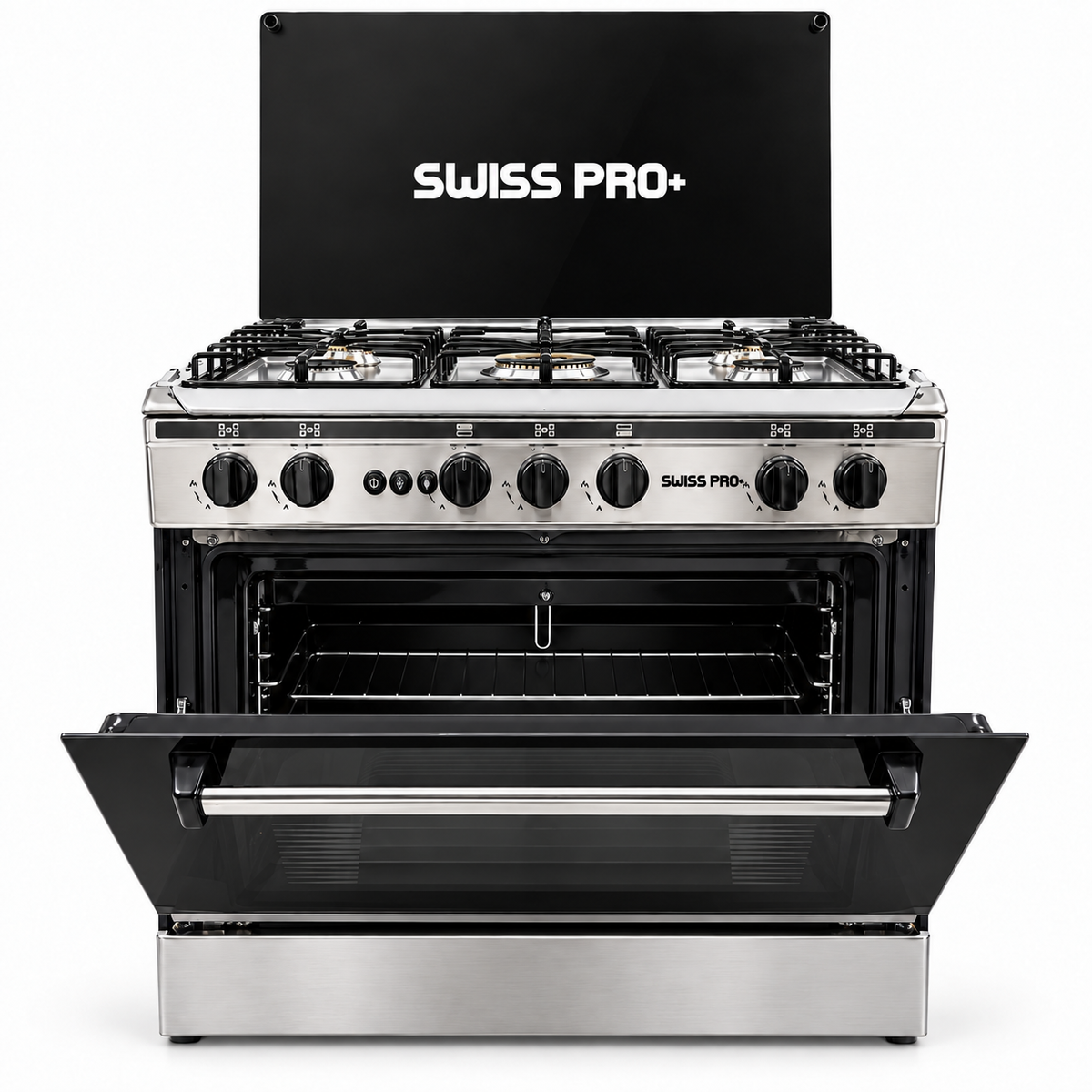 Swiss Pro+ 60x80 gas cooker with oven door open showing oven rack and grill - SPE-CKR-80-SS-001