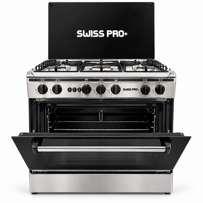 Swiss Pro+ 60x80 gas cooker with oven door open showing oven rack and grill - SPE-CKR-80-SS-001