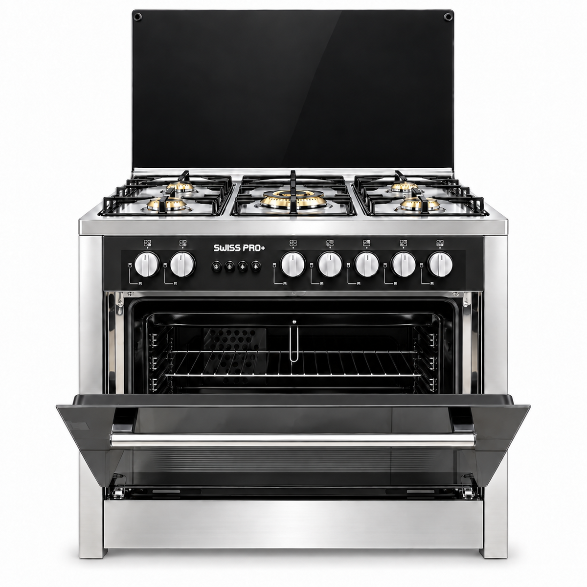 Swiss Pro+ 60x90 gas cooker with oven door open showing wide fan oven - SPE-CKR-90-SS-002