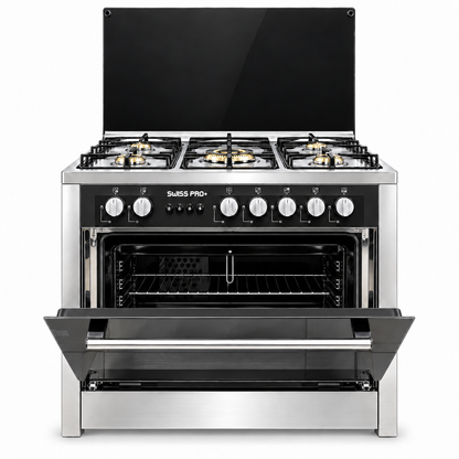 Swiss Pro+ 60x90 gas cooker with oven door open showing wide fan oven - SPE-CKR-90-SS-002
