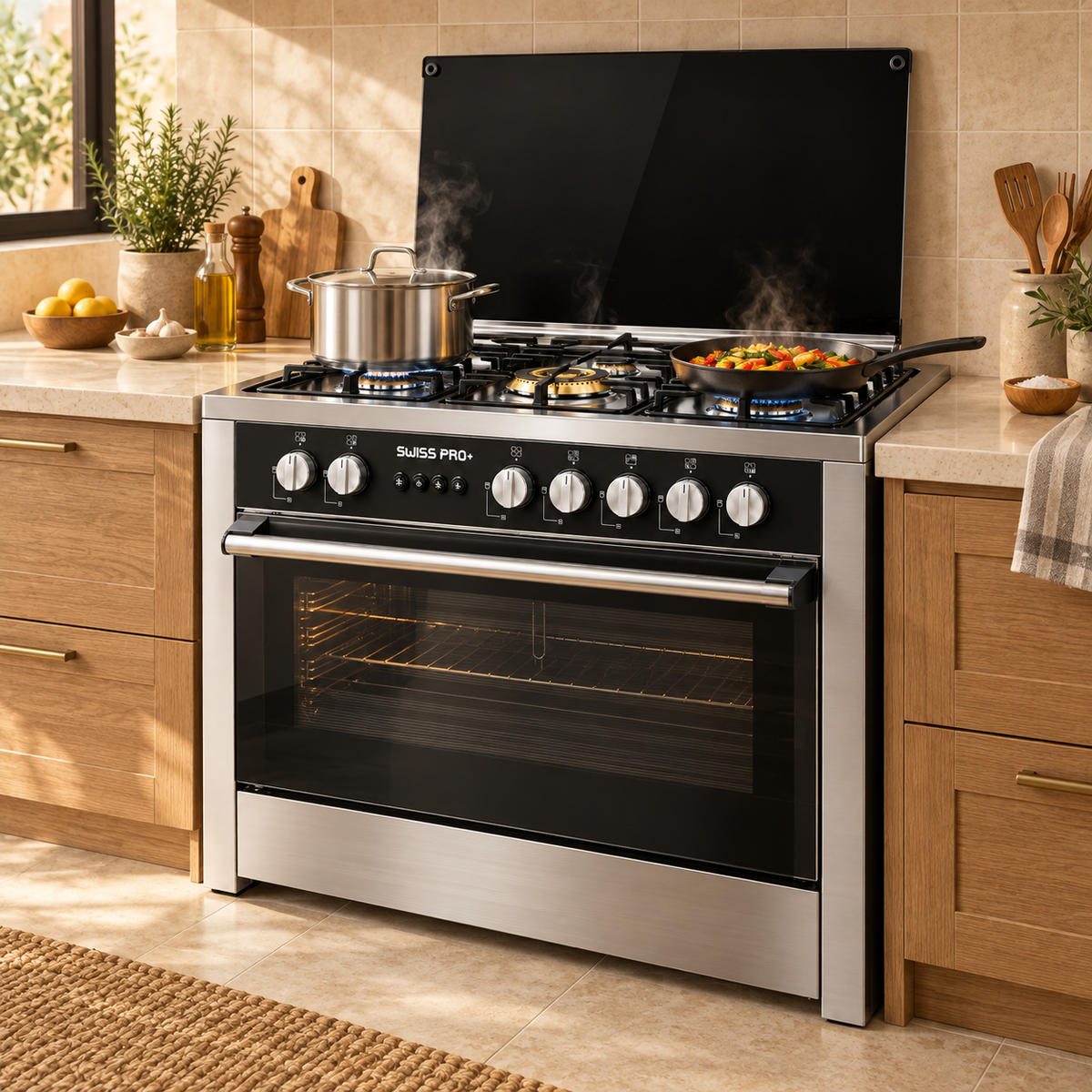 Gas Cooker 60x90 cm 5 Brass Burners - Full Stainless Steel - Fan & Grill - SPE-CKR-90-SS-002